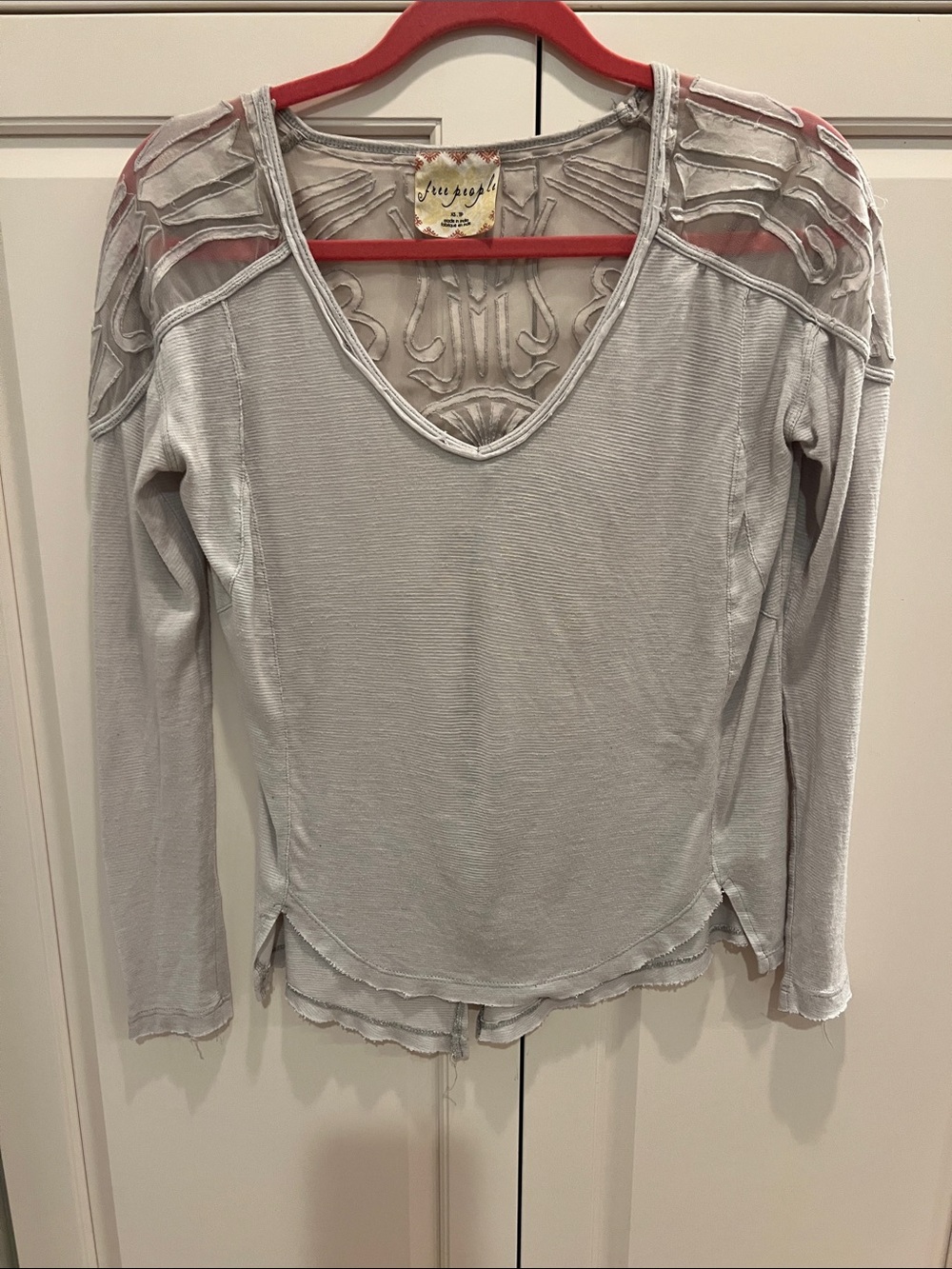 Free People Light Gray Long Sleeve V-Neck Top with Sheer Shoulder Cutouts